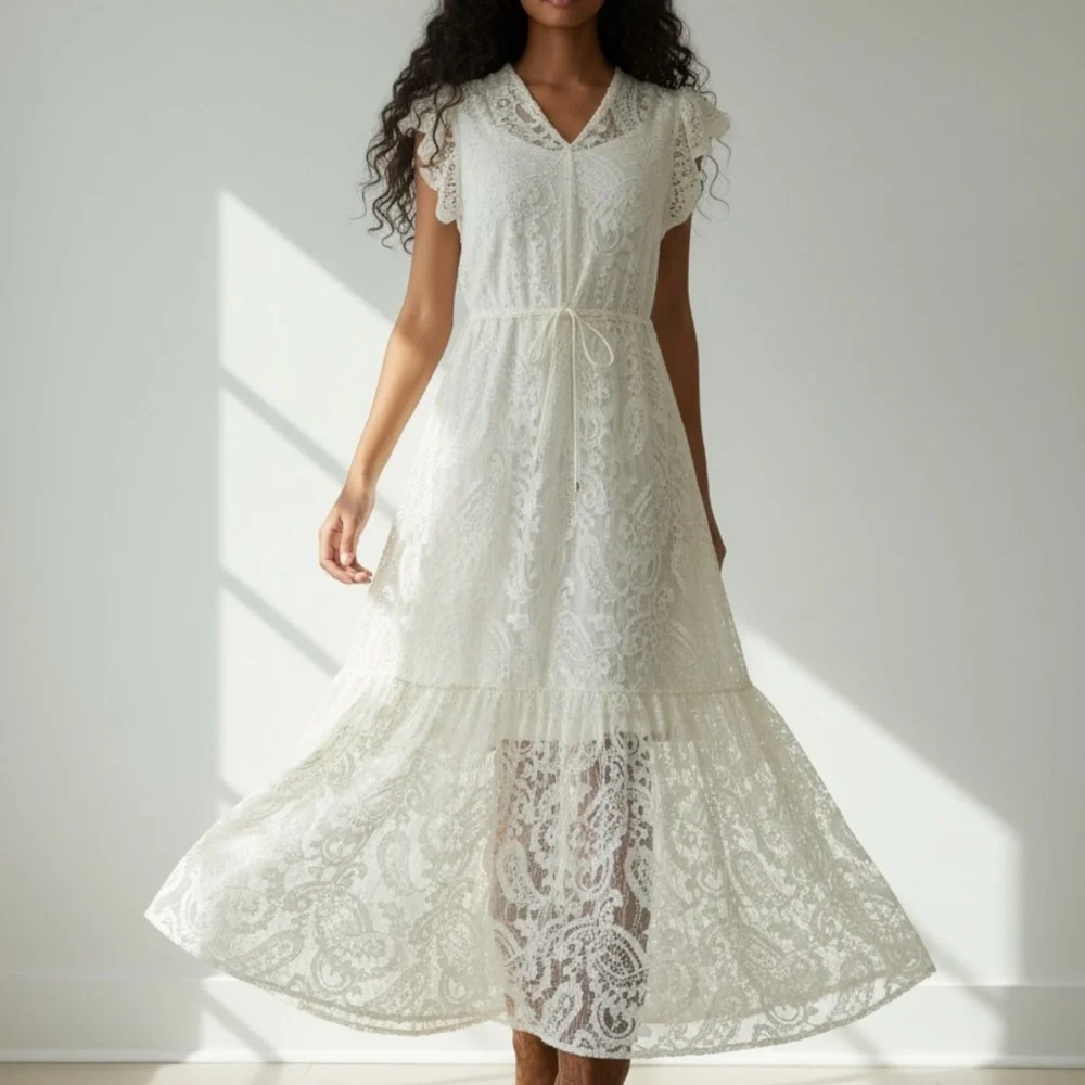 New Steve Madden Dress Paisley Floral Lace Maxi Dress in Natural Size Medium - Picture 3 of 17